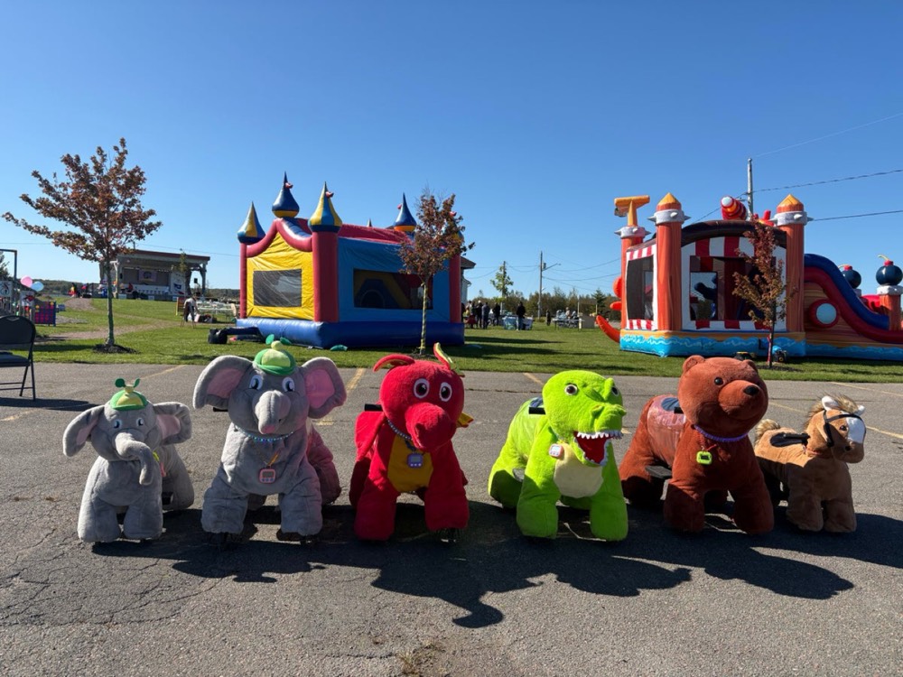 Ride-on animals beside a bouncy castle