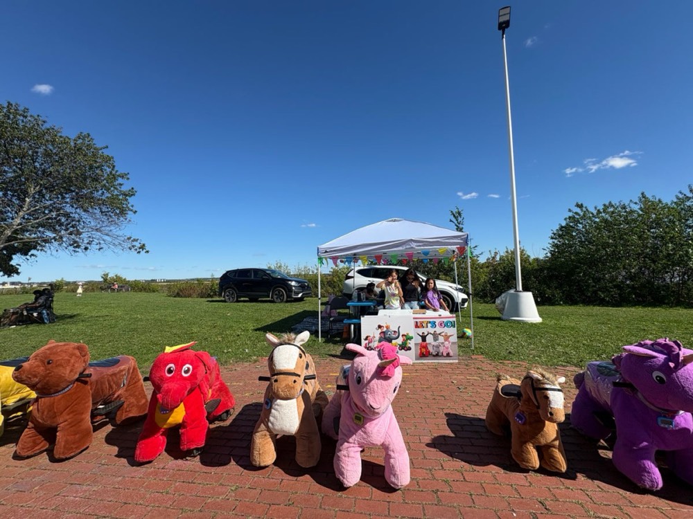 Ride-on animals lined up at an outdoor event