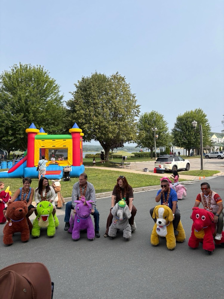 Animals lined up near a bouncy castle